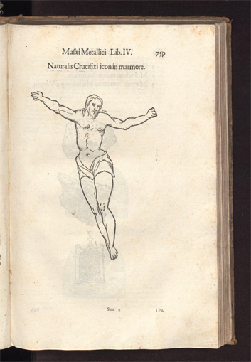 Figure 9: Figure of “marble containing an icon of crucifixion” in Ulisse Aldrovandi’s Musaeum metallicum in libros quattuor (1648).
