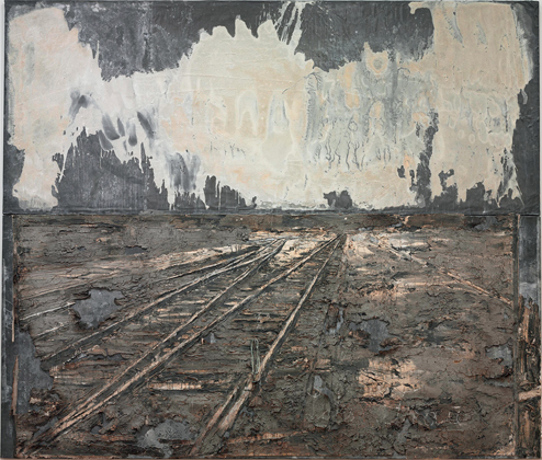 Figure 2: Lots Frau [Lot’s Wife], 1989, Anselm Kiefer (German, b. 1945), Oil pain, ash, stucco, chalk, linseed oil, polymer emulsion, salt and applied elements (e. g., copper heating coil), on canvas, attached to lead foil, on plywood panels; 350×410 cm. The Cleveland Museum of Art, Leonard C. Hanna, Jr. Fund 1990.8.