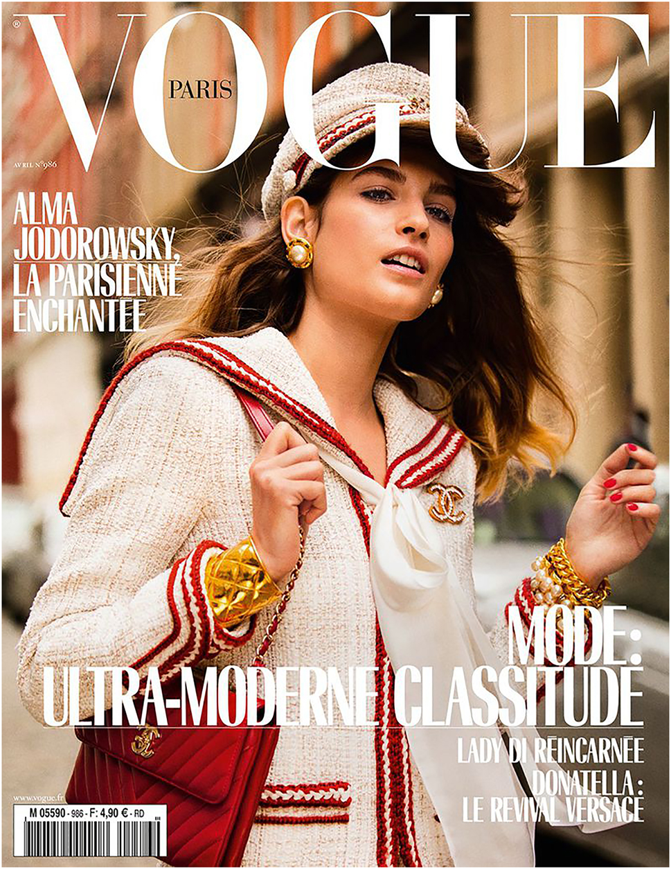 Figures 5–7 (this page and the next two pages):
Comparative analysis of the elements of visual narrative. Figure 5: The cover of Vogue, 2018 April issue. Source: https://models.com/work/vogue-paris-vogue-paris-april-2018-cover.
