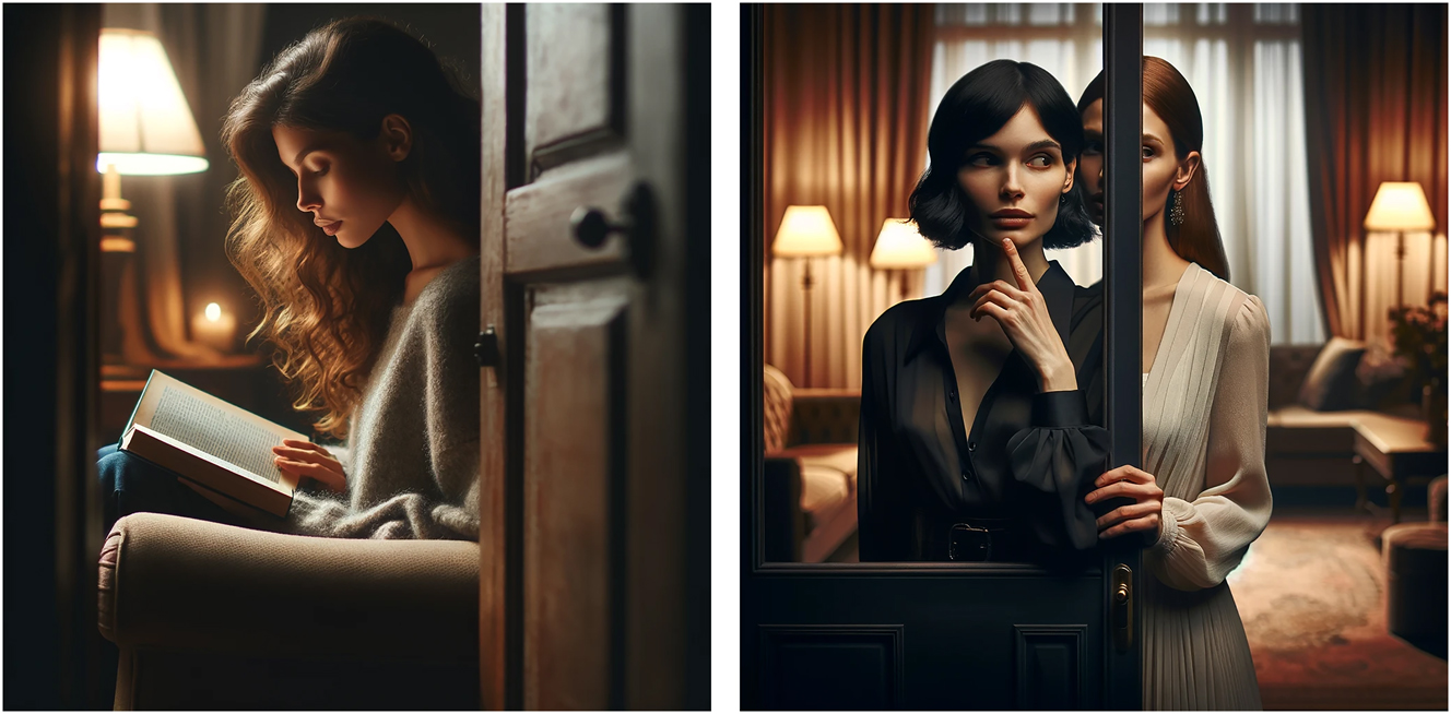 Figure 29 et 30: 
DALL·E. Prompt : « a woman reads at the back of the room, behind a half-open door », « two women talk secretly at the back of the room, behind a half-open door », 2024.
