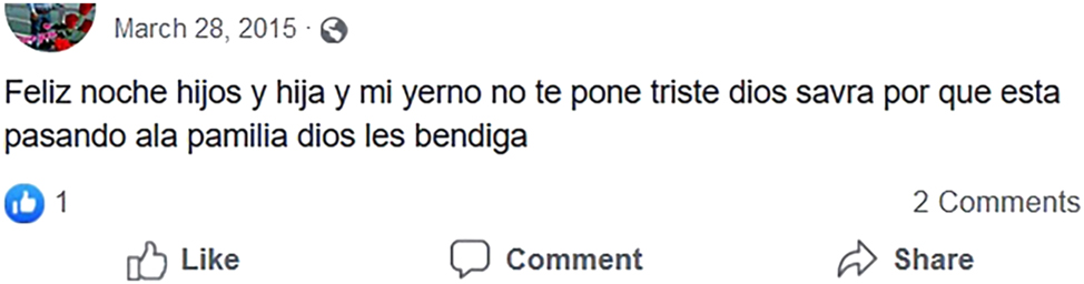 Figure 2: 
Social media post of a K’iche’-Spanish bilingual from Nahualá illustrating the fortition of 
f

amilia to 
p

amilia ‘family’ (28 March, 2015. Retrieved from www.facebook.com).
