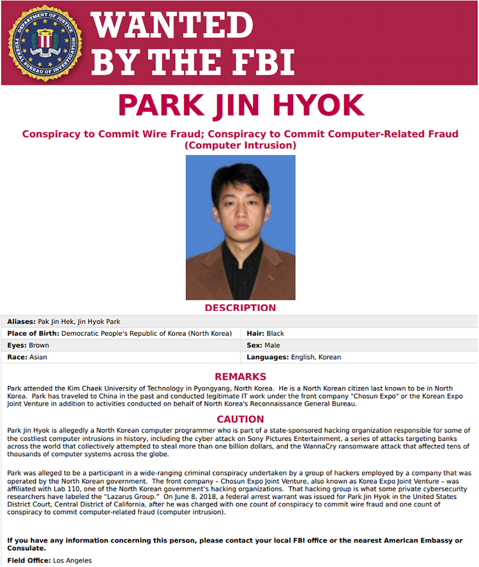 Source: FBI 2018 https://www.fbi.gov/wanted/cyber/park-jin-hyok