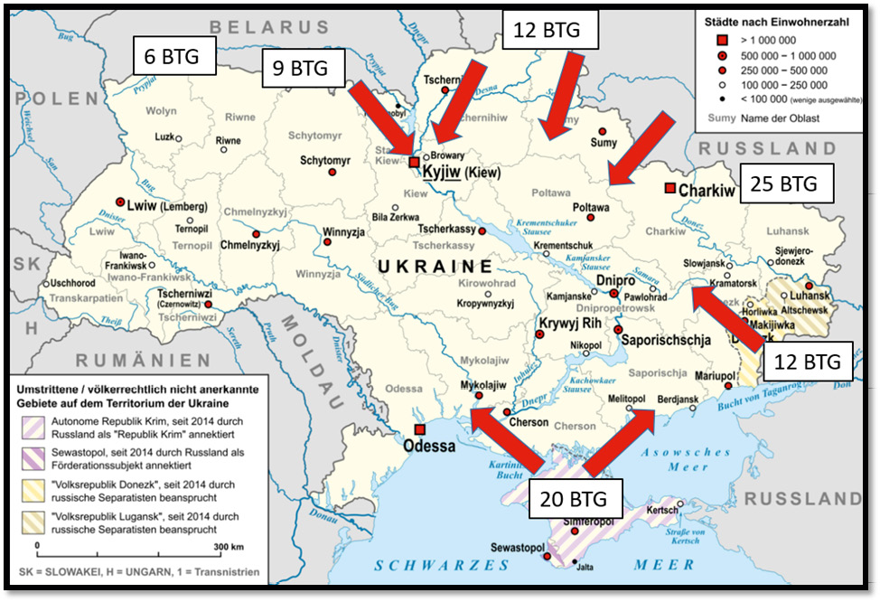 Abb. 1: Russische BTG am Vorabend des KriegsKarte wurde vom Verfasser auf der Basis einer Karte der Landeszentrale für Politische Bildung Baden-Württemberg erstellt; https://www.lpb-bw.de/ukraine-krim.