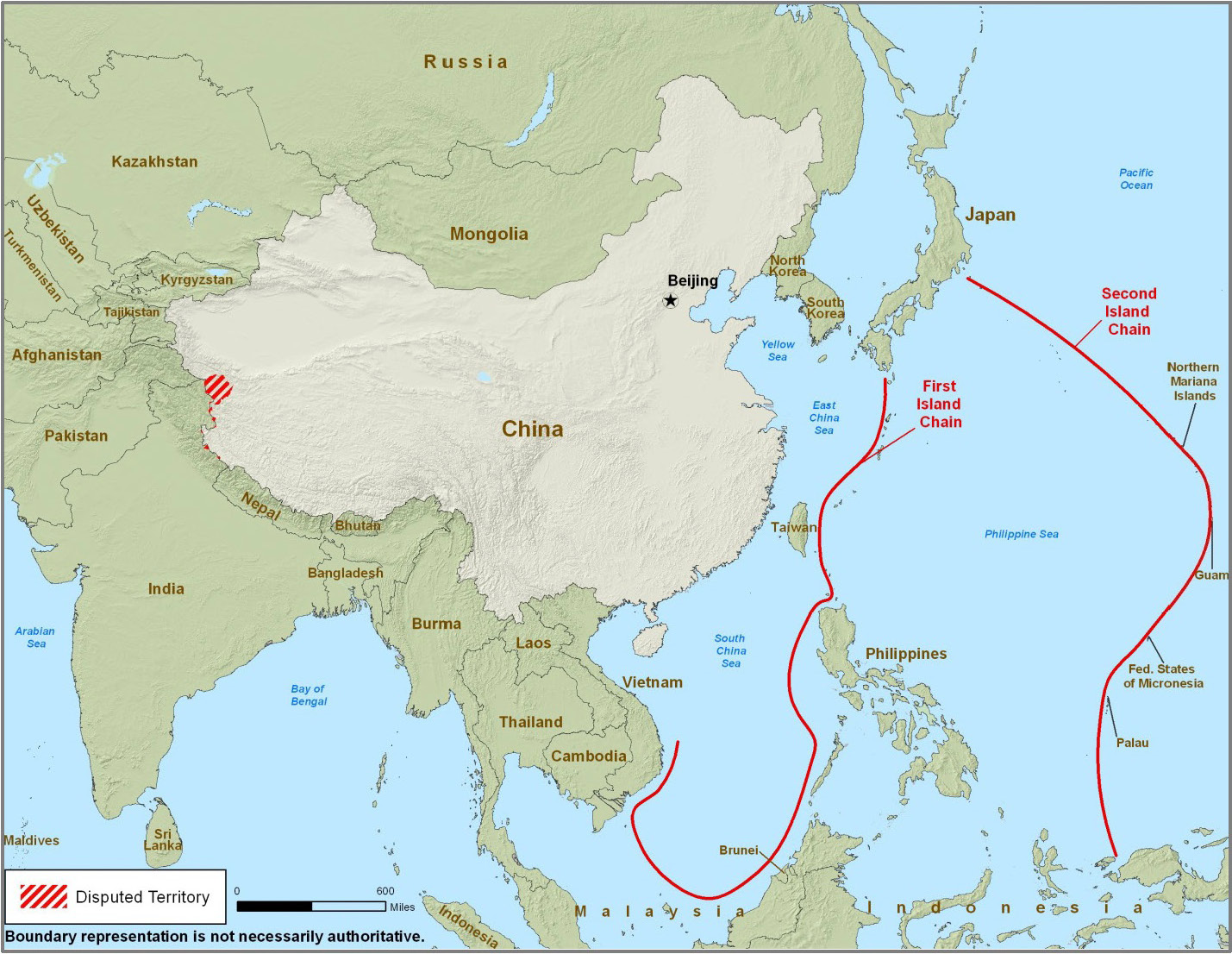 Karte 1:: Grenzkonflikte Chinas sowie Erste und Zweite Inselkette
Quelle: U. S. Department of Defense 2010, 23.
