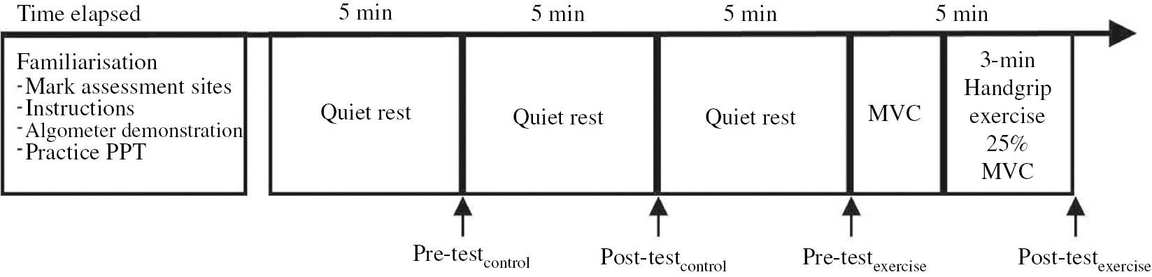 Fig. 1:
An illustration of the procedures taken during test session performed on each participant. The sequence of pressure pain threshold assessments at the forearm and lower leg were randomised. MVC=Maximal voluntary contraction.
