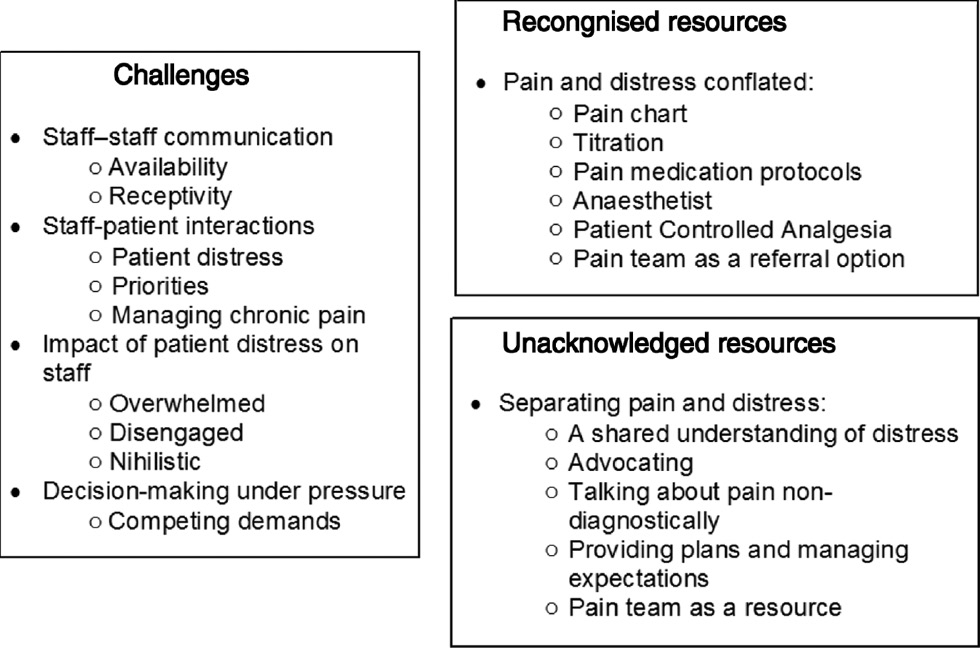 Fig. 2: Ethnographic themes: challenges and resources in GI pain management.