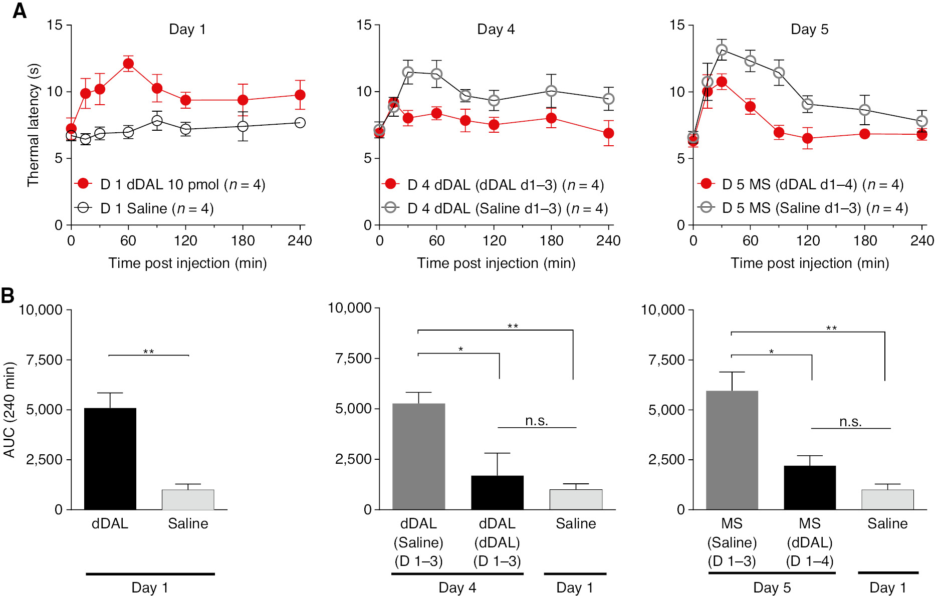 Fig. 6: 
              (A) Time effect graph of thermal latencies of daily bolus IT DMT-DALDA for 4 days group vs. one-time bolus IT DMT-DALDA on day 4 group. On Day 5 both groups were given morphine. (B) Area under the curve (AUC) of each group on Days 1, 4, 5 and saline vehicle given on Day 1. One-way ANOVA analysis yielded p<0.0001 with Sidak post hoc comparisons of *p<0.05, **p<0.01 compared to each group.