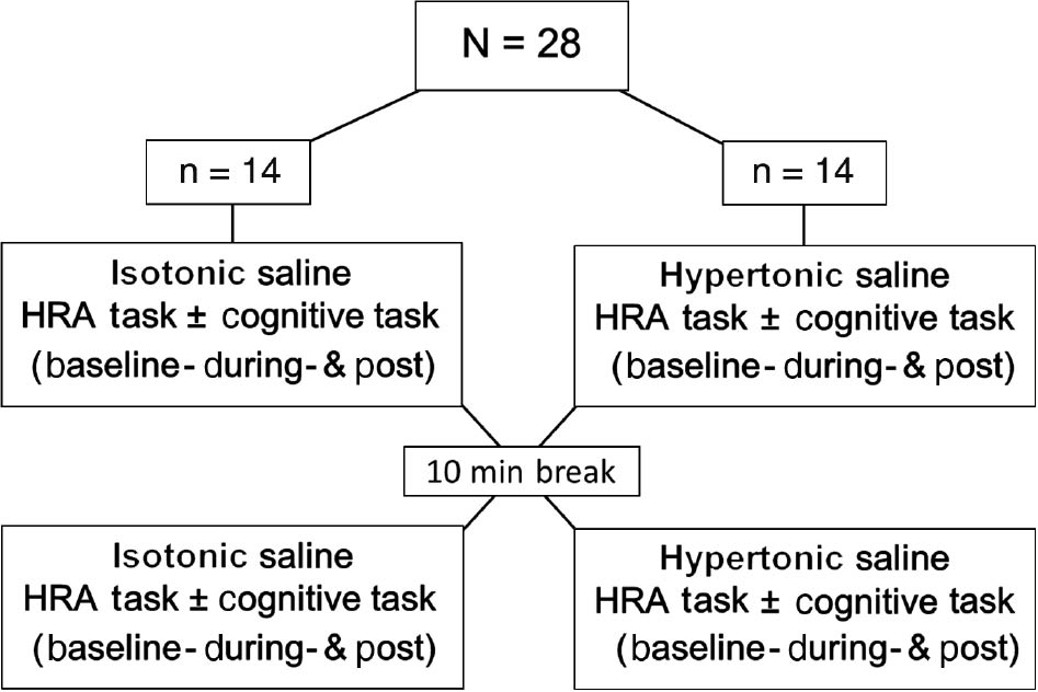 Fig. 1:
Study design: Head repositioning accuracy recordings were performed at Baseline, During (i.e. immediately after the injection of hypertonic or isotonic saline), and Post (i.e. 5 min after any potential pain had vanished). Ten minutes after the post recording, the procedure was repeated with alternate of the first injection (hypertonic or isotonic saline). The order of saline injections was randomized in a balanced way. During half the movements participants were distracted with a cognitive task (multiplication equations).
