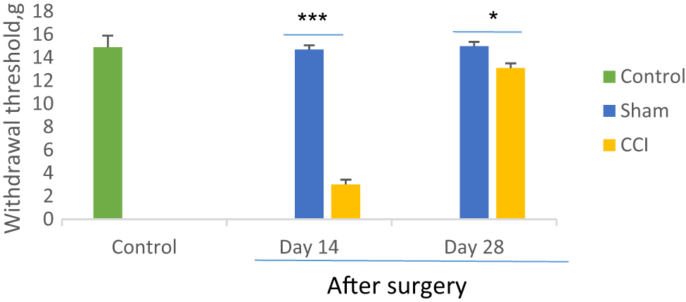 Figure 1:
Comparison of mechanical allodynia between CCI and sham groups on days 14 and 28th after sciatic nerve surgery. *p<0.05 and ***p<0.001 indicate the differences between the groups. Data analyzed by one-way ANOVA with a post hoc test (Scheffe’s test) and expressed as mean ± SEM of six animals per each group.