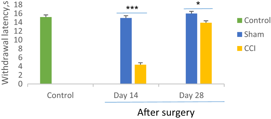 Figure 2:
Comparison of thermal hyperalgesia between CCI and sham groups on days 14 and 28th after sciatic nerve surgery. *p<0.05 and ***p<0.001 indicate the differences between the groups. Data analyzed by one-way ANOVA with a post hoc test (Scheffe’s test) and expressed as mean ± SEM of six animals per each group.