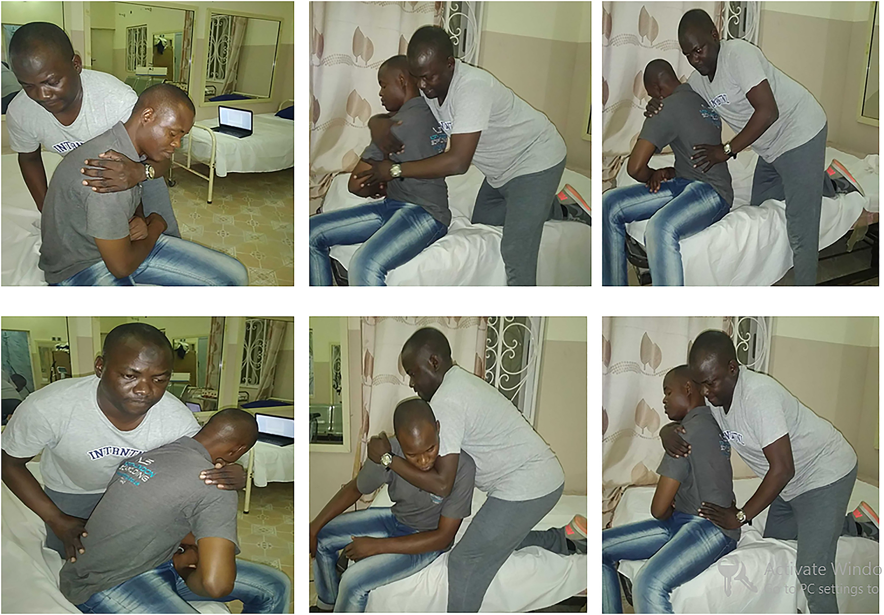 Figure 3: 
            Muscles energy techniques (permission has been obtained from the subject).
          