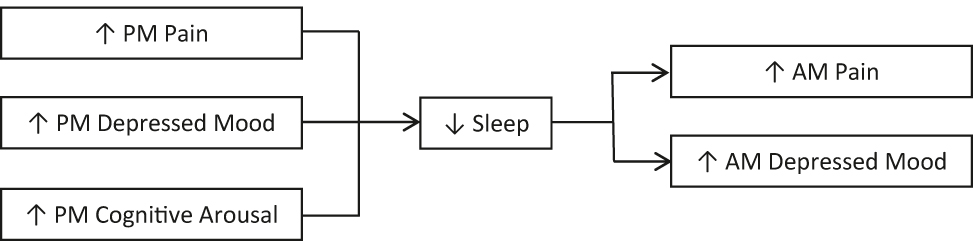 Figure 1: 
          Proposed model of relationships between pain, mood, pre-sleep cognitive arousal and sleep variables. PM, post-meridiem; AM, ante-meridiem.
        