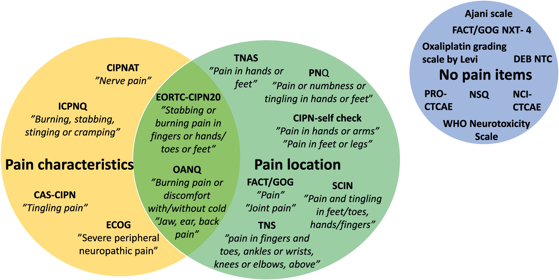 Figure 1: 
        Pain items in chemotherapy-induced peripheral neuropathy (CIPN) scales. Pain items comprising general toxicity tools, composite neurological tools and patient reported outcome tools. ECOG, Eastern Cooperative Oncology Group; 10 point VAS, 10 point Visual Analogue Scale; FACT/GOG NXT-12, Functional Assessment of Cancer Therapy/Gyneocologic Oncology Group Neurotoxicity 12 item version; PNQ, Patient Neurotoxicity Questionnaire; CIPN-self check, Chemotherapy Induced Peripheral Neuropathy – self check; TNS, Total Neuropathy Score; TNAS, Treatment-induced Neuropathy Assessment Scale; SCIN, Scale for Chemotherapy-Induced long-term Neuropathy; EORTC-CIPN20, European organization for research and treatment of cancer – Chemotherapy induced peripheral neuropathy; OANQ, Oxaliplatin-associated neurotoxicity questionnaire; CAS-CIPN, Comprehensive Assessment Scale for Chemotherapy Induced Peripheral Neuropathy; CIPNAT, Chemotherapy-Induced Peripheral Neuropathy Assessment Tool; ICPNQ, Indication for CTC Grading of Peripheral Neuropathy Questionnaire; FACT/GOG NXT-4, Functional Assessment of Cancer Therapy/Gyneocologic Oncology Group Neurotoxicity 4 item version; NSQ, Neuropathy Screening Questionnaire; DEB NTC, Neurotoxicity Criteria of Debiopharm; NCI-CTCAE, National Cancer institute Common Terminology Criteria for adverse Events; PRO-CTCAE, Patient Reported Outcome Common Terminology Criteria for adverse Events. References for above mentioned tools can be found in park et al. [7].
      