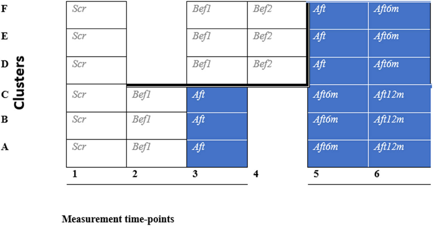 Figure 2 
                  Study design of a stepped-wedge cluster randomized controlled trial. Shaded cells represent after intervention periods, and blank cells represent before intervention/control periods. This trial has six data-collection points. Data-collection point questionnaires are in Figure 1.
               