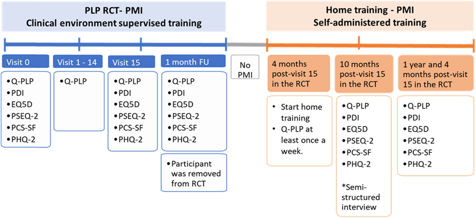 Figure 1 
               Timeline assessments. Abbreviations: PLP, phantom limb pain; RCT, Randomized Clinical Trial; PMI, phantom motor imagery; Q-PLP, Questionnaire about Phantom Limb Pain; PDI, Pain Disability Index; EQ-5D, European Quality of Life 5 Dimensions; PSEQ-2, Pain Self-Efficacy Questionnaire; PCS-6, Pain Catastrophizing Scale; PHQ-2, Patient Health Questionnaire-2 (PHQ-2); FU; follow-up; m, month.
            