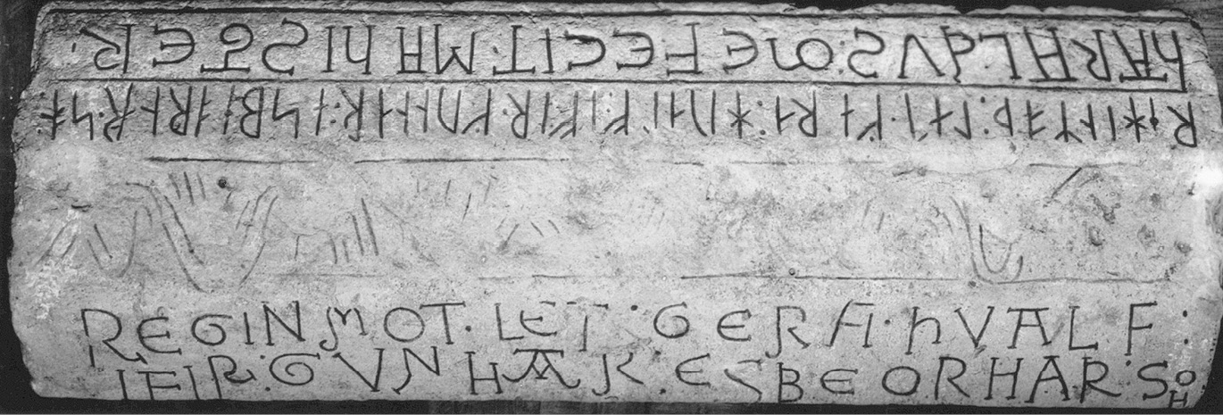 Figure 1: Bilingual and biscriptal funerary monument by Master Harald. Ugglum churchyard, Sweden. Photo: Statens Historiska Museer. Public domain.