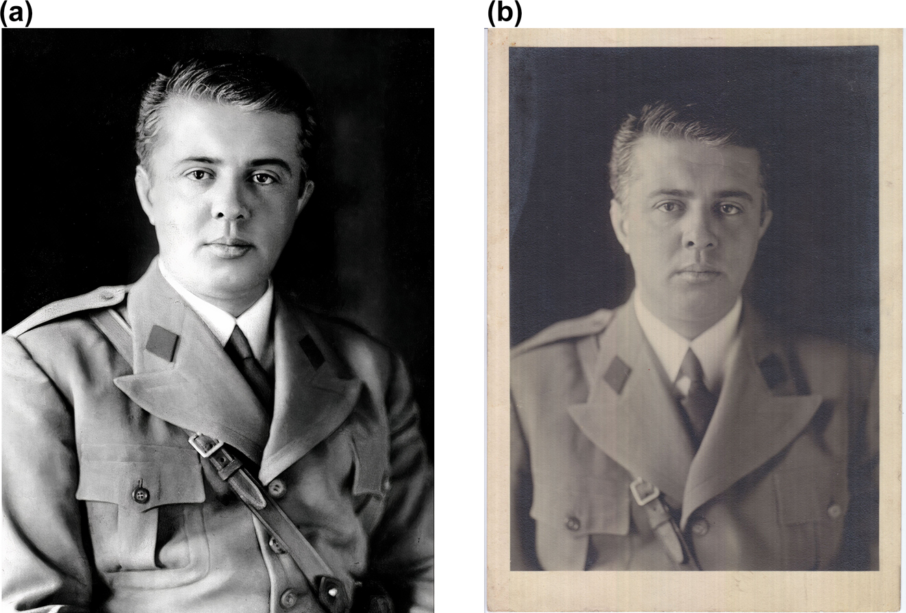 Figure 1: 
Two portraits of Enver Hoxha, December 1944. Sources: (a) Enver Hoxha, Jeta dhe vepra, Tirana, 1986, 87; (b) Courtesy: private collection, Tirana. The photo on the left was used as an official portrait during the early years of communist rule and was widely circulated after Hoxha’s death in 1985. My research has shown that it was only one of nine poses taken at the same sitting and clarified the conditions under which the portrait was taken. The other poses, such as the one on the right, were never circulated (Interview, Tirana, October 2010).