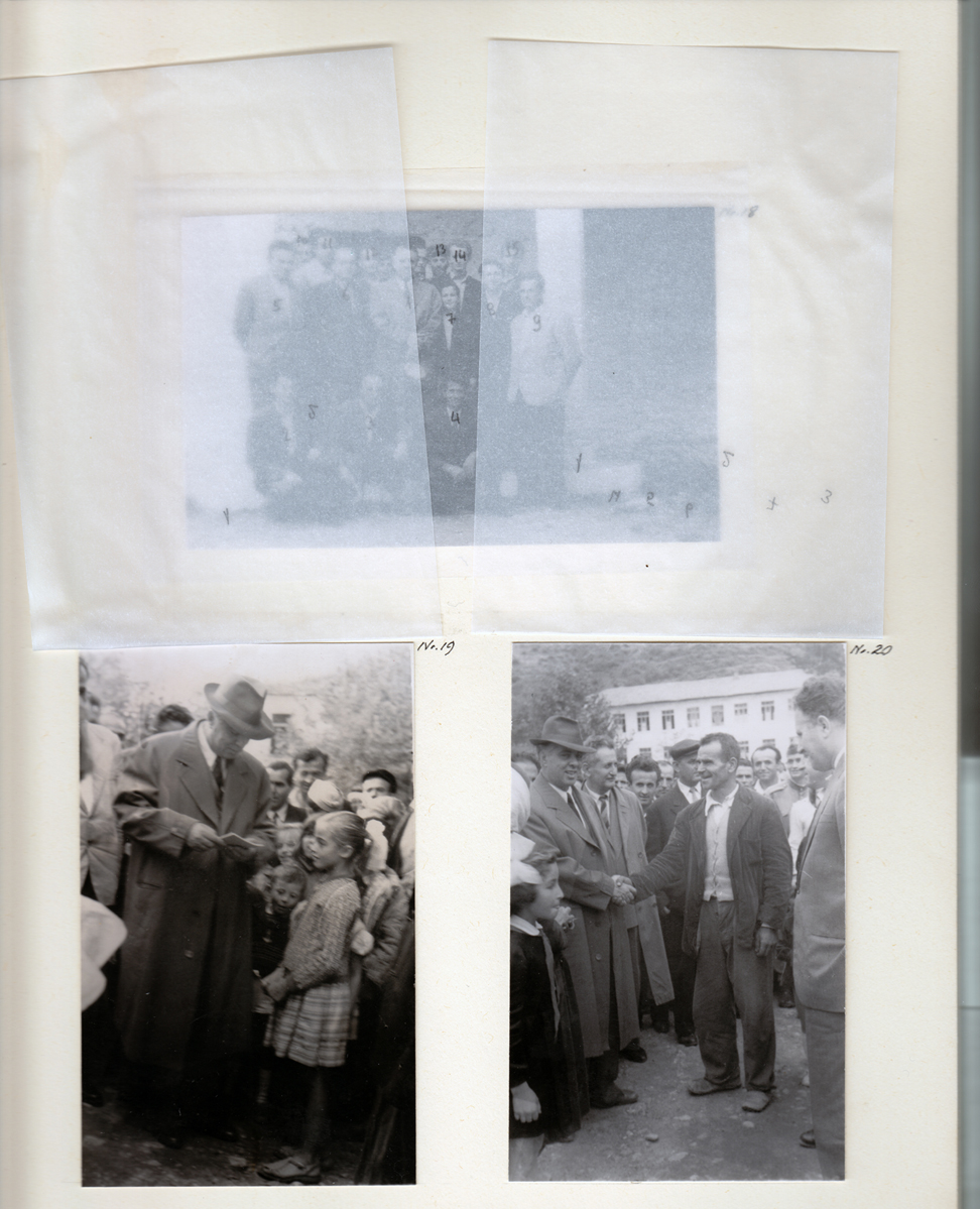 Figure 15: 
Page from a photograph album of the Central Committee, 1960, General Directorate of Archives, Tirana. Courtesy: Gilles de Rapper, 2009. The three images show Enver Hoxha, first secretary of the Central Committee of the Party of Labour, visiting the Shkodër district in May 1960. Hoxha’s public activities were recorded in albums separate from those of the other members of the Central Committee. The production of these albums by the staff of the Central Party Archives’ photo library began in 1969 and the one from which these three images are taken dates from 1973.