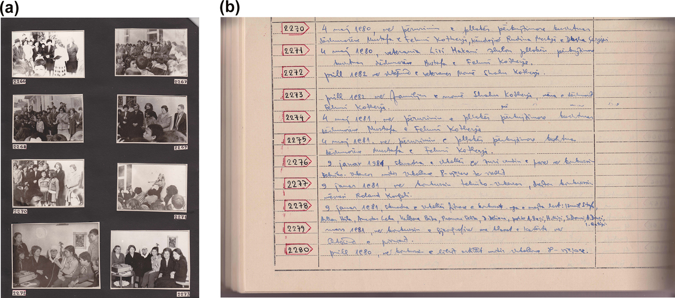 Figure 16: 
From the photo library of Naim Frashëri School’s museum, Elbasan. Courtesy: Gilles de Rapper, 2013. (a) Eight photographs showing the involvement of the school’s pupils in the commemorations of the “martyrs” and “veterans” of the Second World War: commemorations, collection of testimonies (using a tape recorder). The two lower photographs are from 1982, the others from 1980. These activities usually took place around 5 May, Martyrs’ Day. (b) The register gives the date and subject of each photograph.