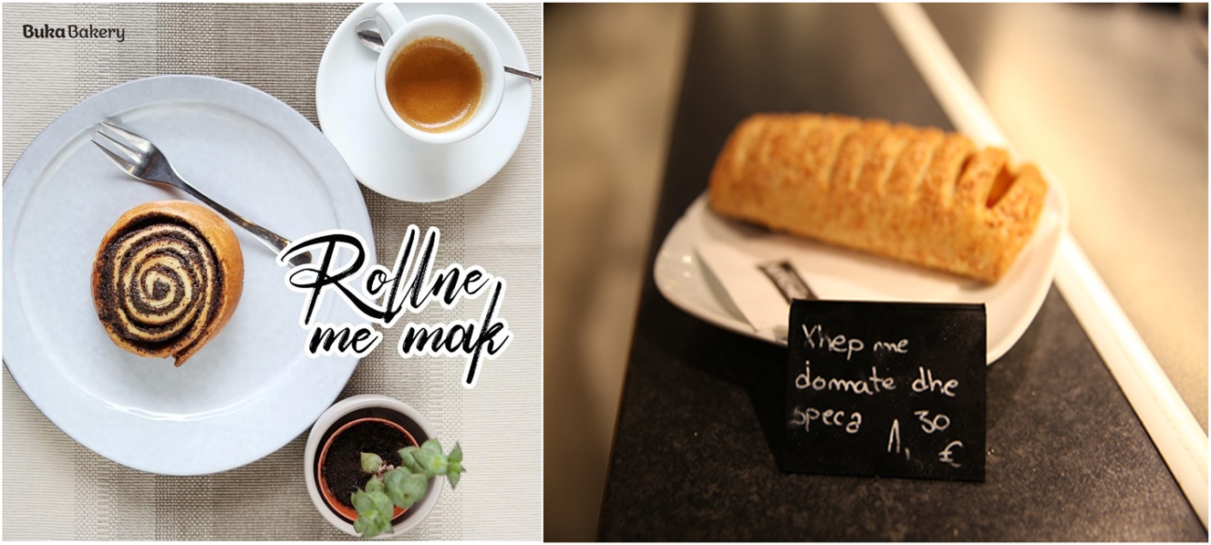 Figure 4 and 5: 

Rollne me mak (“poppy seed roll”) and Xhep me domate dhe speca (“pocket with tomatoes and peppers”), Buka Bakery, Prishtina, April 2022. Sources: Buka Bakery’s website, Prishtina, https://bukabakery.com (accessed 24 November 2024); and courtesy of Linda Pagenelli.
