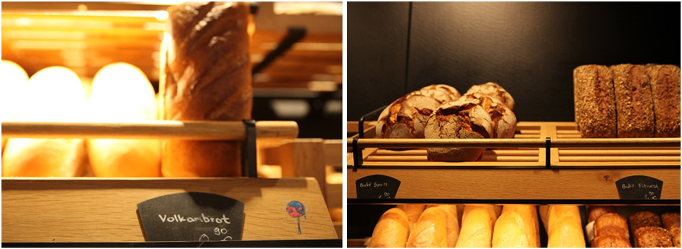 Figure 7 and 8: 
Resembling a typical German bakery: Volkanbrot, Bukë Spelt, and Bukë Fitnesi at a Buka Bakery branch in Prishtina, April 2022. Source: Courtesy of Linda Pagenelli.
