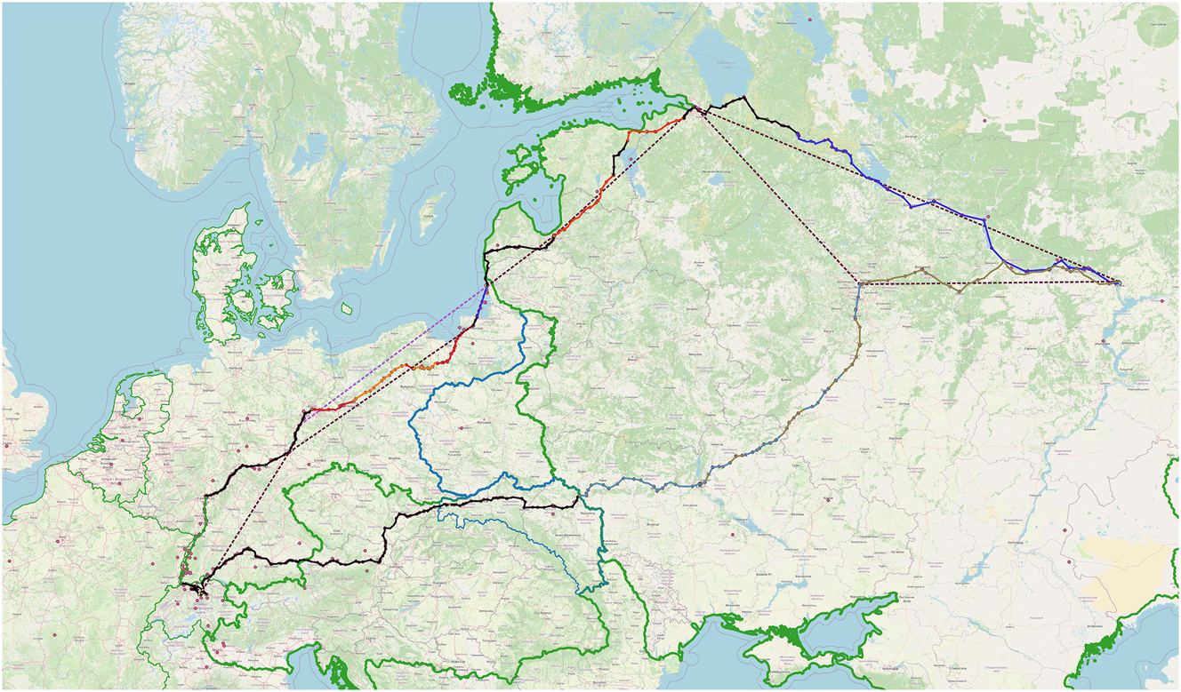 Figure 1:
Travel Itinerary of Franz Xaver Bronner in 1810 and 1817. Source: Hermann Beyer-Thoma (QGIS Cloud Free 2022).