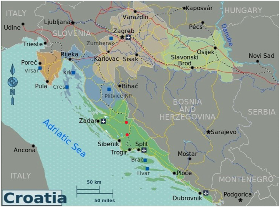 Figure 1:
Croatia. The two red dots represent Knin (to the north) and Drniš (to the south). Source: https://upload.wikimedia.org/wikipedia/commons/b/b0/Croatia_Regions_map.svg (accessed 19 February 2025).