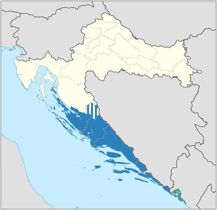 Figure 2:
Dalmatia (in solid blue). Source: https://commons.wikimedia.org/wiki/File:Dalmatia_(Kotor).svg#filelinks (accessed 19 February 2025).