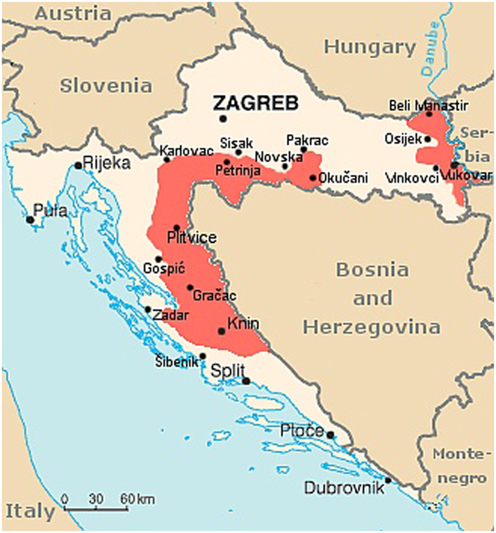 Figure 3:
The Self-Declared Republic of Serbian Krajina (RSK), 1991 (in red). Source: https://commons.wikimedia.org/w/index.php?curid=1500797 (accessed 19 February 2025).