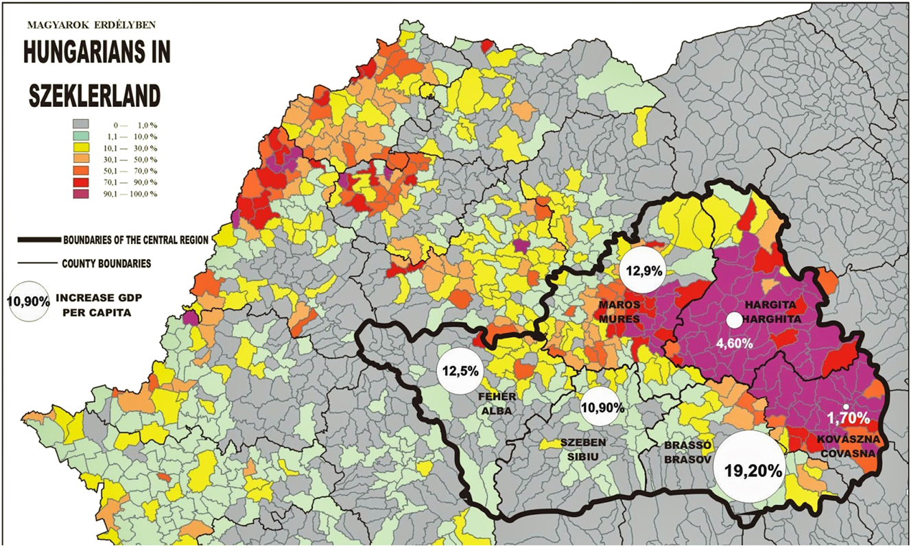 Figure 1: 
Ethnic map of Transylvania, juxtaposed with borders of the administrative and Central Romanian NUTS II region (with bold outlines), as well as the increment of their GDP per capita income 2007-2013. Source: “A EU kohéziós politikájának kudarca a Közép-romániai fejlesztési régióban.” Erdély.ma. 19 May 2018. https://www.erdely.ma/a-eu-kohezios-politikajanak-kudarca-a-kozep-romaniai-fejlesztesi-regioban (accessed 18 September 2025).
