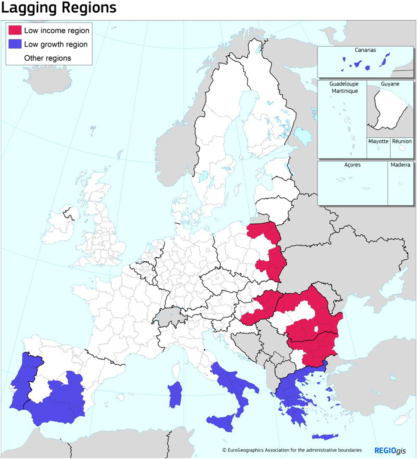 Figure 3: 
Low-income (red), low-growth (blue), and other NUTS II regions (white). Source: “Competitiveness in Low-Income and Low-Growth Regions. The Lagging Regions Report. SWD (2017) 132 Final.” European Commission Staff Working Document. 10 April 2017, 1. https://ec.europa.eu/regional_policy/sources/studies/lagging_regions%20report_en.pdf (accessed 19 September 2025).
