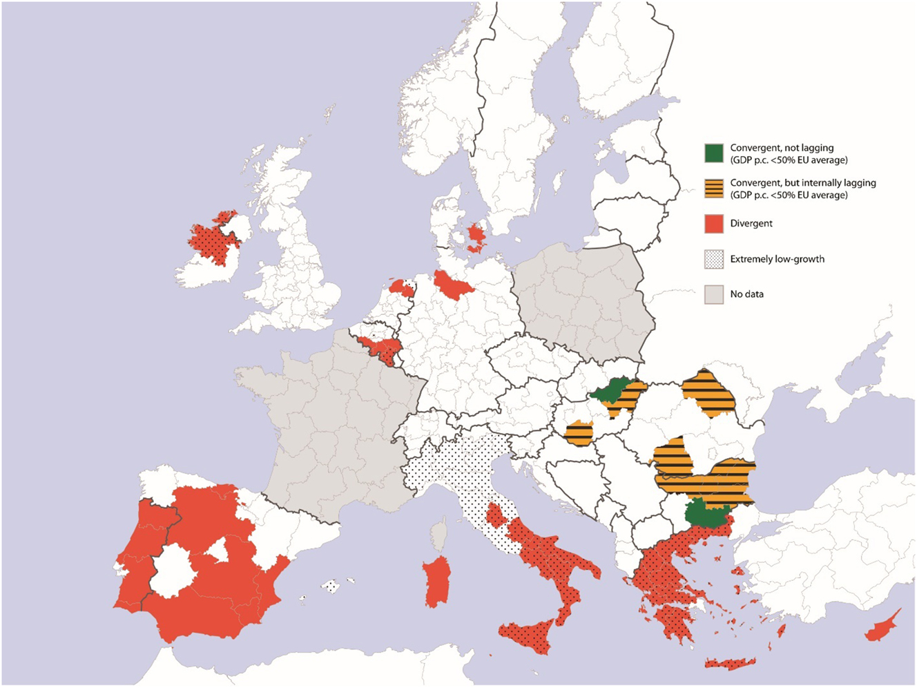 Figure 4: 
Lagging regions in the EU, based on GDP (2019). Source: Pilati and Hunter 2020, 23.
