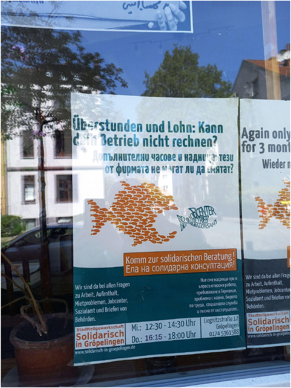 Figure 3: 
A bilingual German/Bulgarian flyer inviting Gröpelingen’s residents to participate in workers’ actions at the local job centre. As activists pointed out, the use of multiple languages is a way of forging solidarity in the neighbourhood. Source: Courtesy of the author.
