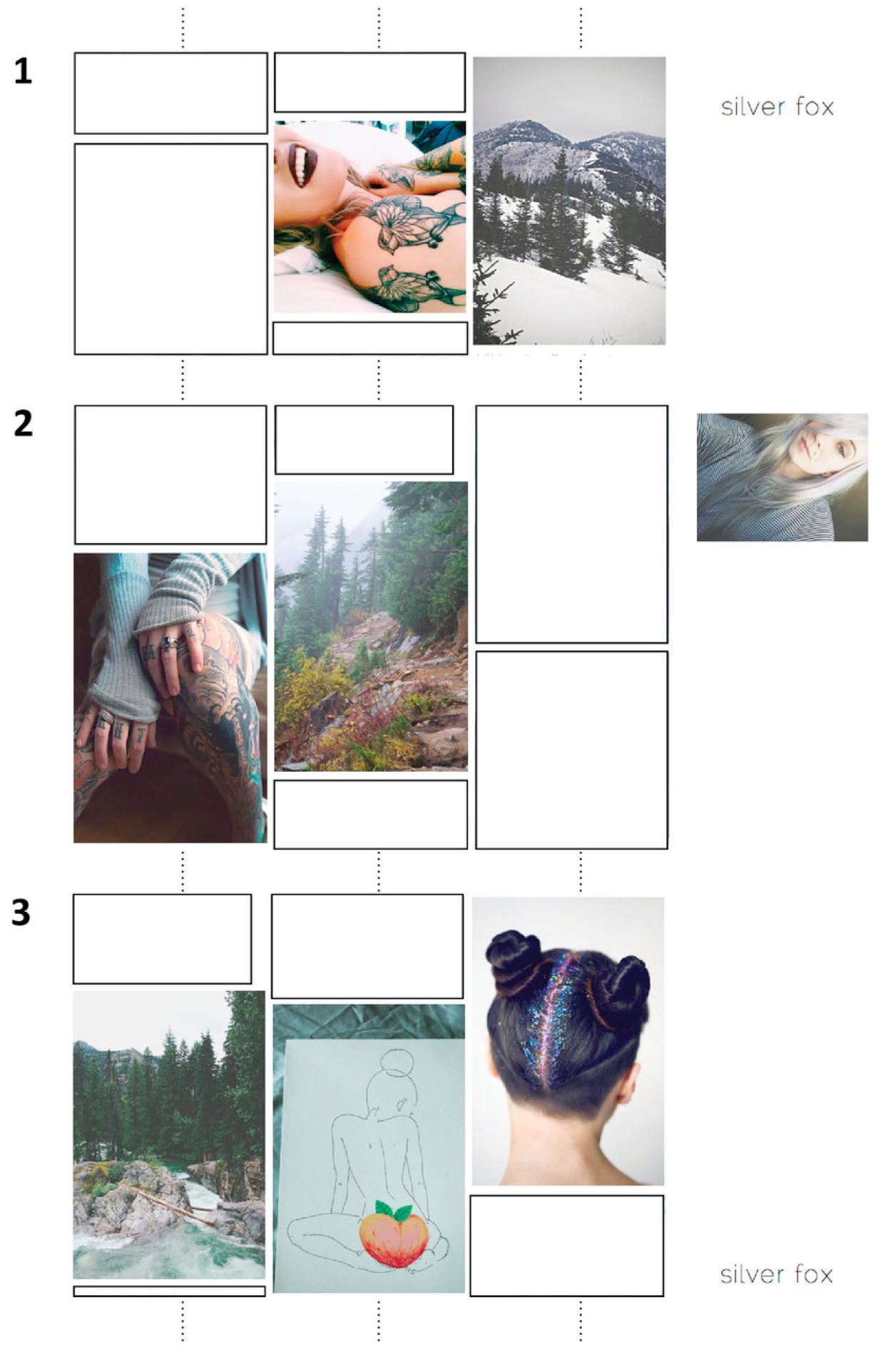 Tafel II.4 (Teil 1 von 2): Screenshots des Weblogs. Bildteile, die außerhalb oder am Rand der jeweils relevanten Ähnlichkeitsbeziehungen stehen, wurden, um diese Ähnlichkeitsbeziehungen hervorzuheben, durch weiße Flächen abgedeckt.
