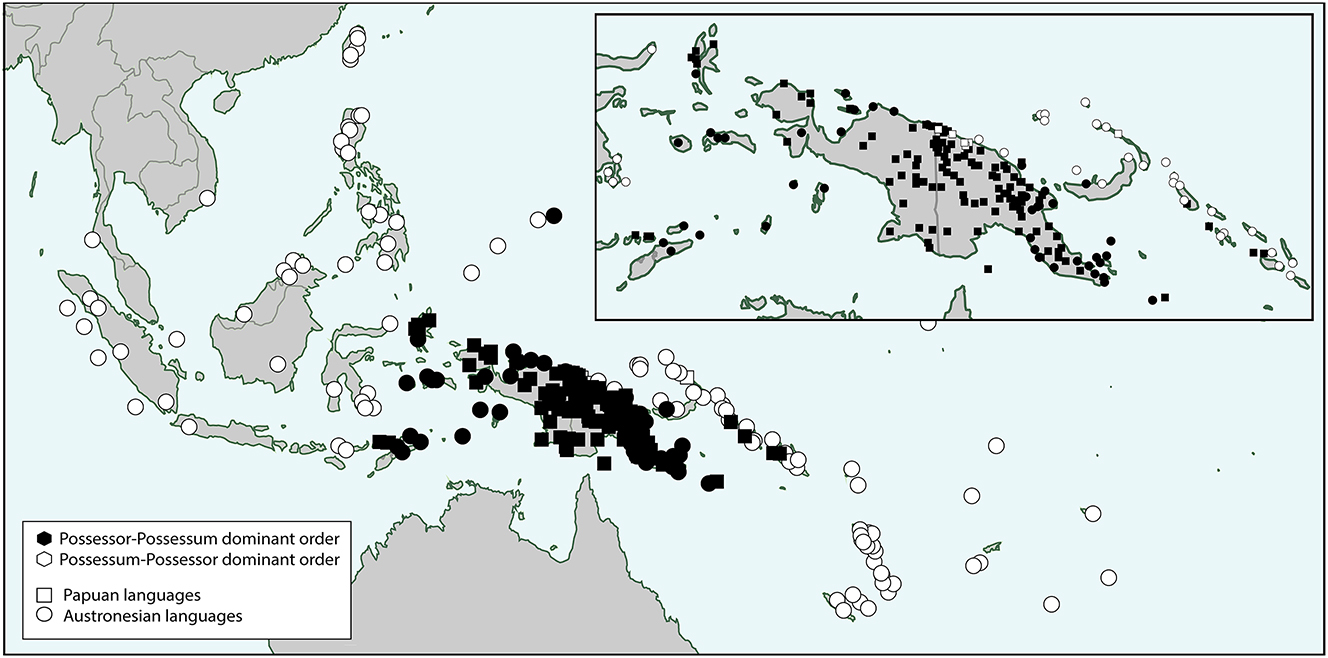 Map 3: 
Basic ordering of possessor and possessum in the New Guinea area (adapted from Schapper 2020a: 488).