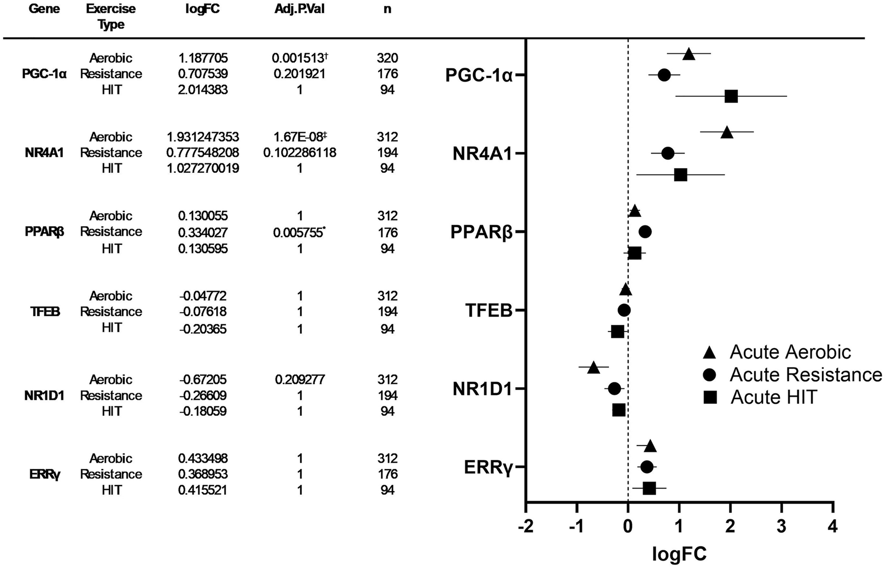 Figure 5: 
Left: Meta-analyzed expression change data of PGC-1α, NR4A1, PPARβ, TFEB, NR1D1, and ERRγ levels in human skeletal muscle after acute bouts of aerobic exercise, resistance exercise, and HIT exercise. Right: forest plot: log fold change and 95 % confidence intervals of PGC-1α, NR4A1, PPARβ, TFEB, NR1D1, and ESRRγ levels after an acute bout of aerobic exercise, resistance exercise, and HIT exercise. Symbols denote significant (*p≤0.05, †p≤0.001, ‡p≤0.0001) differences in mRNA expression. See worksheets S1–S7 in supplementary data for additional information.
