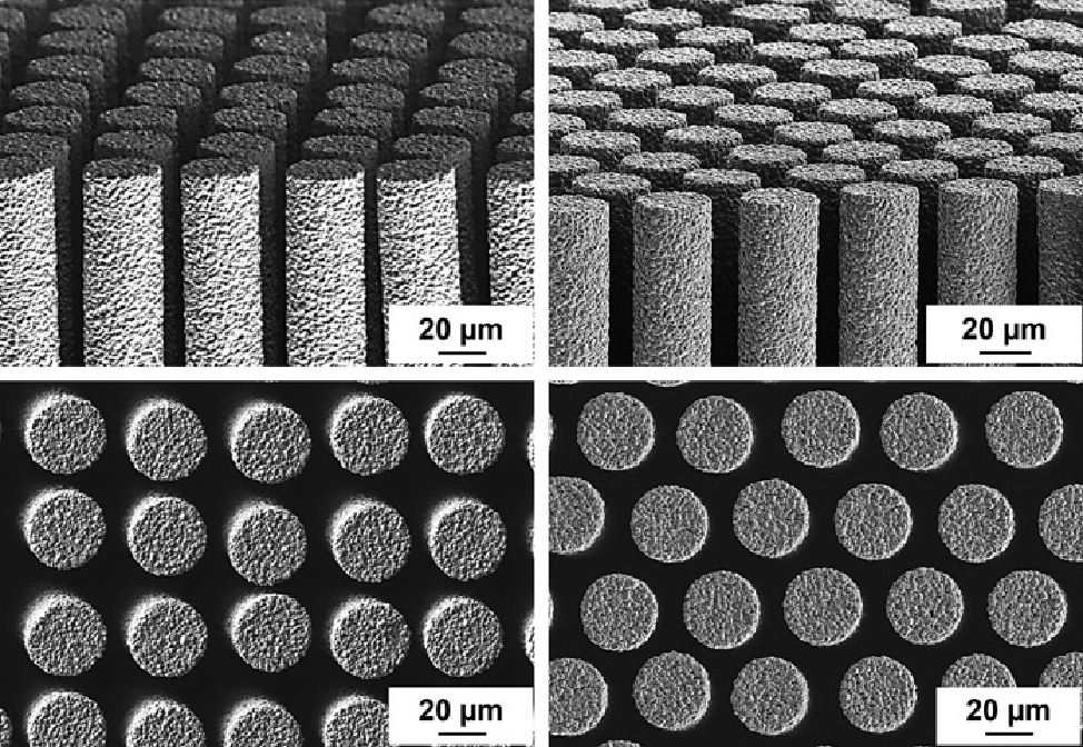 Abb. 4 Rasterkraftmikroskopische Aufnahmen gesinterter PZT-Stäbchen in quadratischer (links) und hexagonaler (rechts) Anordnung hergestellt über das Soft-Mold-Verfahren.