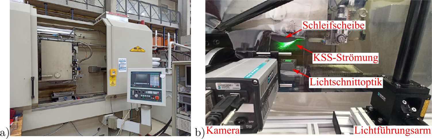 Abb. 2 
a) Für die Messungen verwendete Schleifmaschine. b) Implementierung des PIV-Messsystems in der Schleifmaschine.
