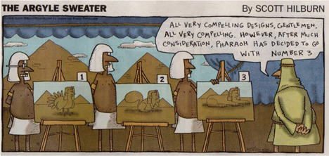 Figure 1 Argyle Sweater cartoon. Repetition of the phrase “All very compelling” in this context enhances content, contributing to the gravity of the occasion, implying hesitancy and thoughtfulness in the judgment process. The verbal repetition mirrors the visual replication.