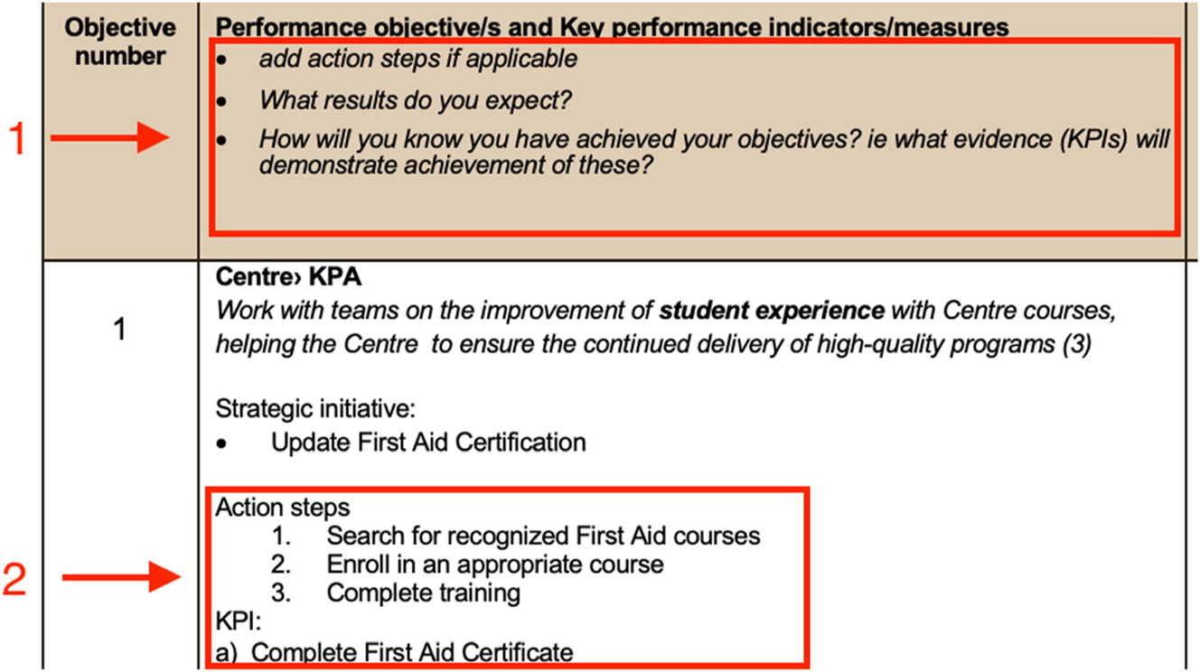 Figure 1: 
Action steps and KPIs (taken from a research participant’s PM form – parts in red have been added).
