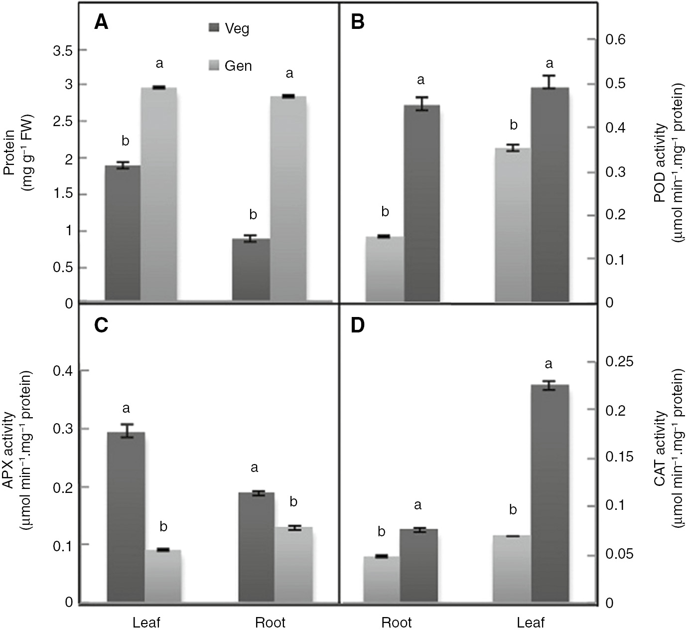 Figure 3: Total protein content (A), peroxidase (POD) (B), APX (C) and catalase (CAT) (D) activities in the different organs of F. gummosa Boiss at both vegetative and generative stages.Vertical bars represent ±S.E. and different letters are significantly different at p<0.05.