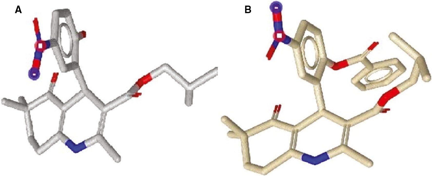 Figure 3: Geometrically optimized and energy minimized conformations of compound 4 (A) and compound 9 (B).