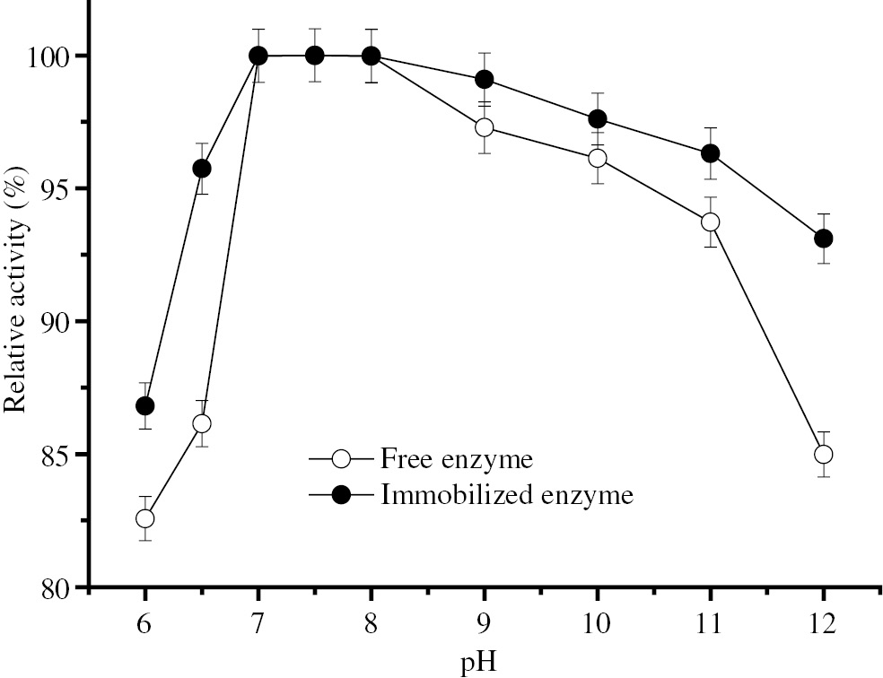 Figure 1: Optimum pH of free and immobilized BLP.The effect of pH on enzyme activity was investigated by performing the activity assay for the soluble and immobilized enzymes with 1% (w/v) casein solutions, at different pHs, at 70°C. Hunderd percent relative activities represent 78.51 IU and 84.06 IU BLP activities for free and immobilized enzymes, respectively.