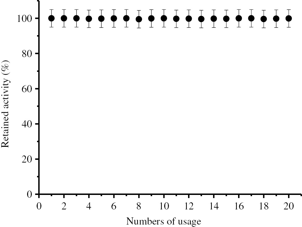 Figure 6: Operational stability of immobilized BLP.Operational stability of the immobilized enzyme was determined by using the standard activity assay method, in repeated batch experiments.