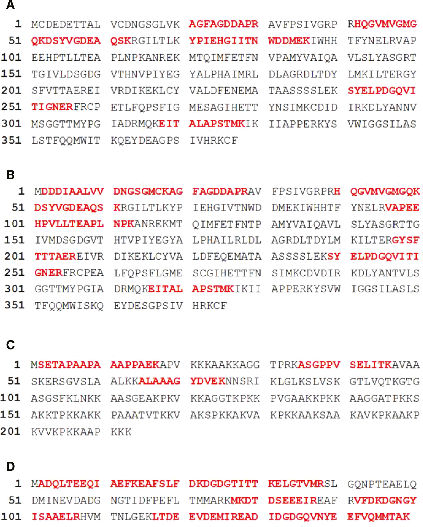 Figure 2: The amino acid sequences of identified proteins by LC-MS/MS analysis.The sequence of coverage of (A) α-actin, (B) β-actin, (C) histone 1.2 and (D) calmodulin protein was shown. 19% of α-actin, 27% of β-actin, 18% of histone 1.2 and 65% of calmodulin amino acid sequence was matched with identified peptides. Matched peptides were shown as the bold red character.