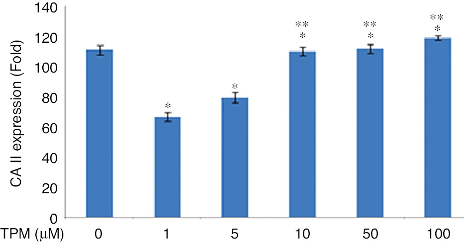 Figure 7:
Effects on CA II expression.
*(p=0.0001) compared with no TPM treated cells. **(p=0.0001) compared with 1 and 5 μM TPM treated cells.