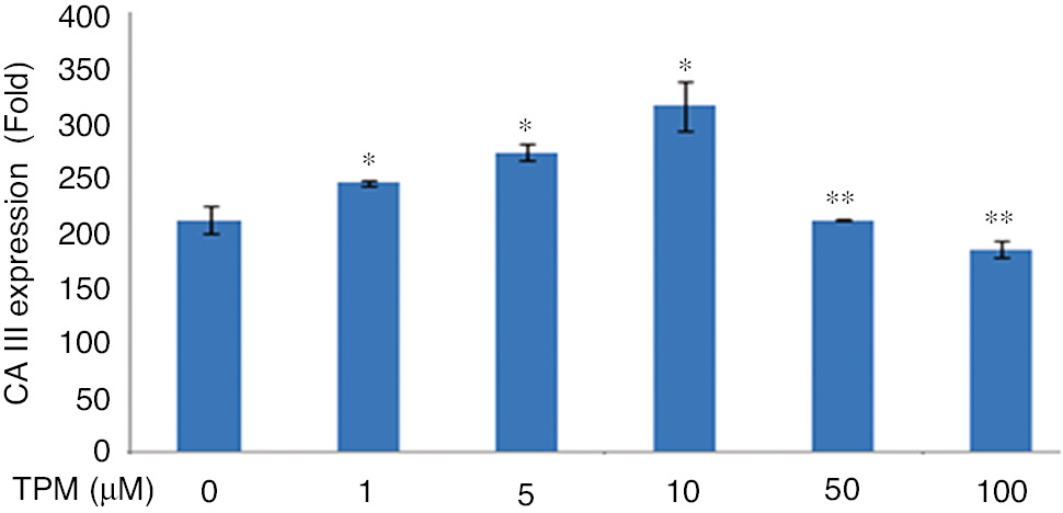 Figure 8:
Effects on CA III expression.
(*p=0.009), compared with no TPM treated cells. **p=0.009 compared with 1 and 5 μM TPM treated cells.