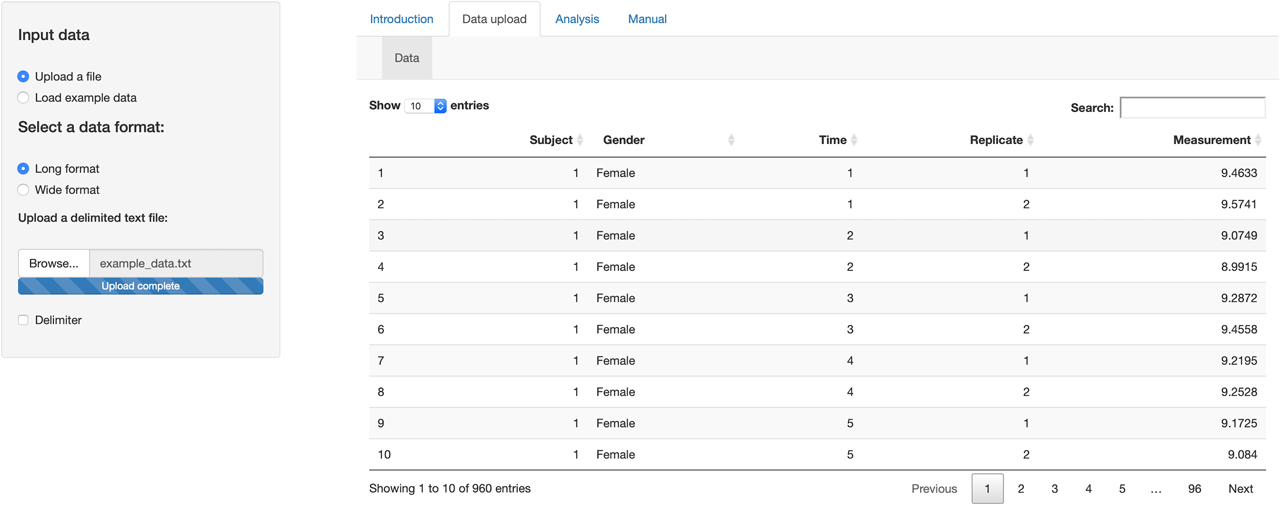 Figure 1: Data upload tab of the tool. The dataset uploaded to the tool as in a long format.