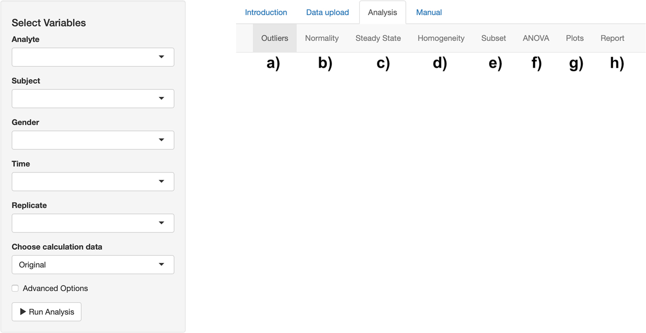 Figure 2: Analysis tab of the tool. a) Outlier results can be obtained. b) The normality assumption can be controlled. c) The steady-state condition can be checked. d) Homogeneity assumptions can be tested. e) Subset analysis can be performed. f) Analysis of variance (ANOVA) components can be estimated. g) Mean and absolute range plots can be created. h) A report can be generated.