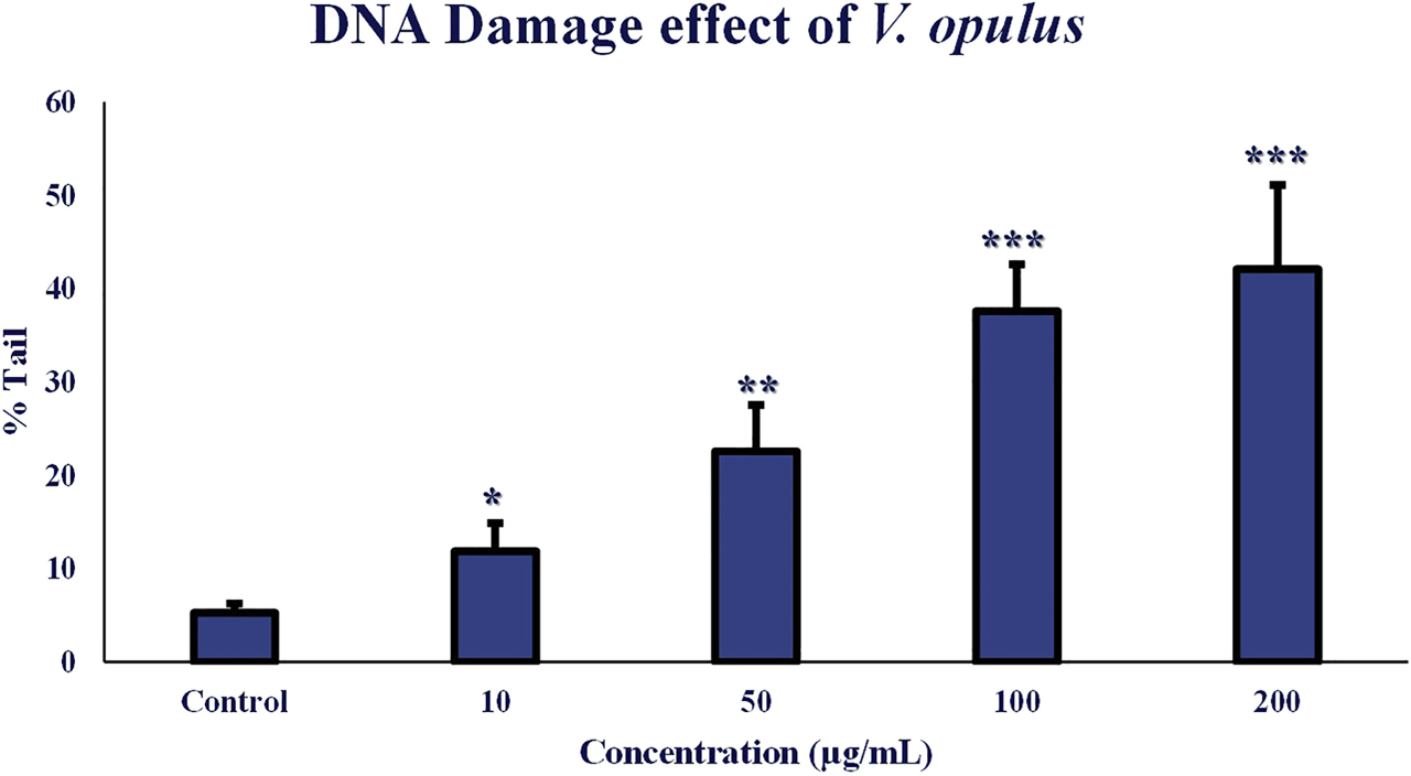 Figure 6: Lovo cells were treated with different concentrations of V. opulus (10 to 200 μg/mL) for 24 h. Statistically significant differences of relative values compared to control; * for p<0.05, ** for p<0.01, *** for p<0.001.